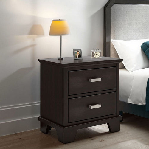 Ashley Teno Nightstand | 2 Drawers | Nickel Handles | Dark Brown Solid Wood
