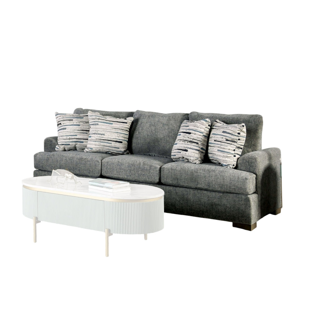 Lewis Sofa with 4 Accent Pillows, 92 Inch , Gray Polyester