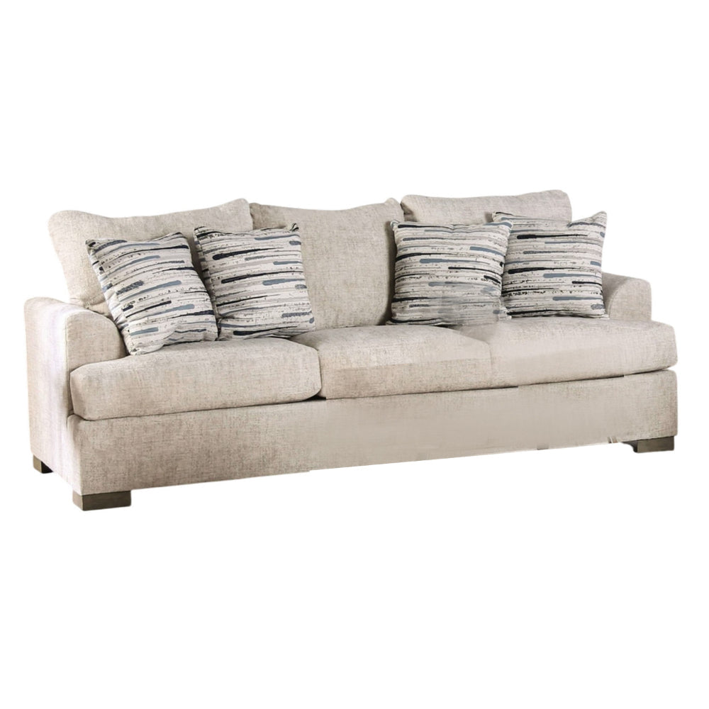 Lewis Sofa with 4 Accent PIllows, 92 Inch , Cream Polyester