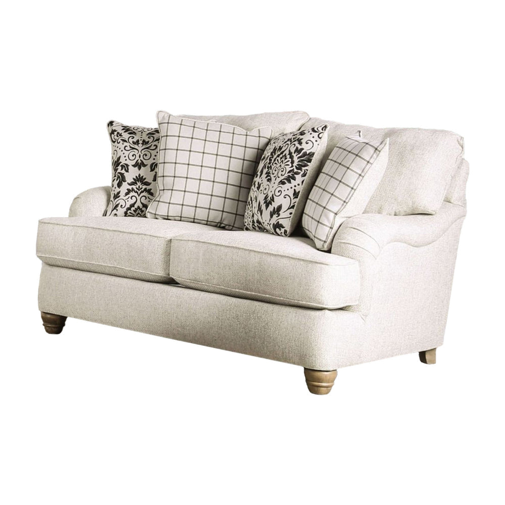 Selly Loveseat Ivory Fabric 4 Accent Pillows Pleated Arms 65 Inch BM328034