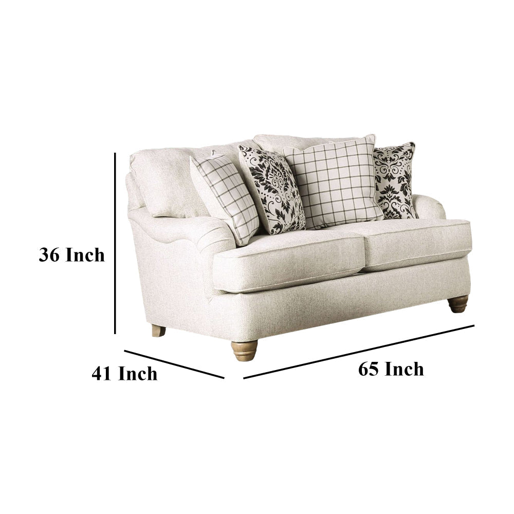 Selly Loveseat Ivory Fabric 4 Accent Pillows Pleated Arms 65 Inch BM328034