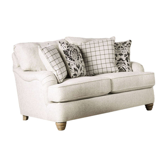 Selly Loveseat, Ivory Fabric, 4 Accent Pillows, Pleated Arms, 65 Inch