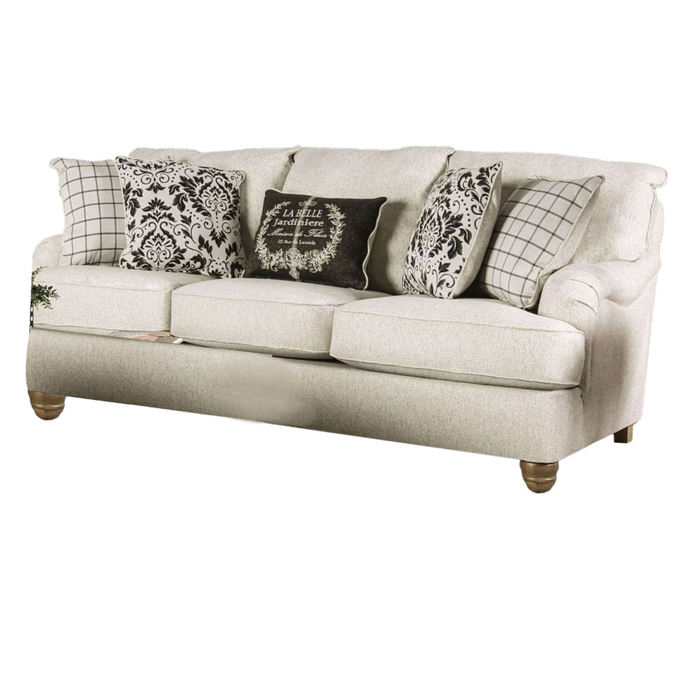 Selly Loveseat Ivory Fabric 5 Accent Pillows Pleated Arms 93 Inch BM328035