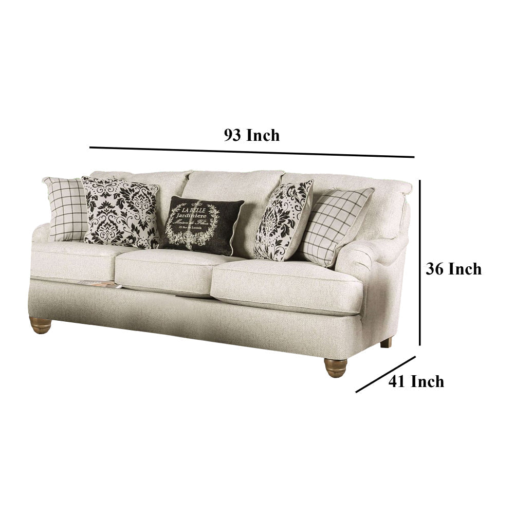 Selly Loveseat Ivory Fabric 5 Accent Pillows Pleated Arms 93 Inch BM328035