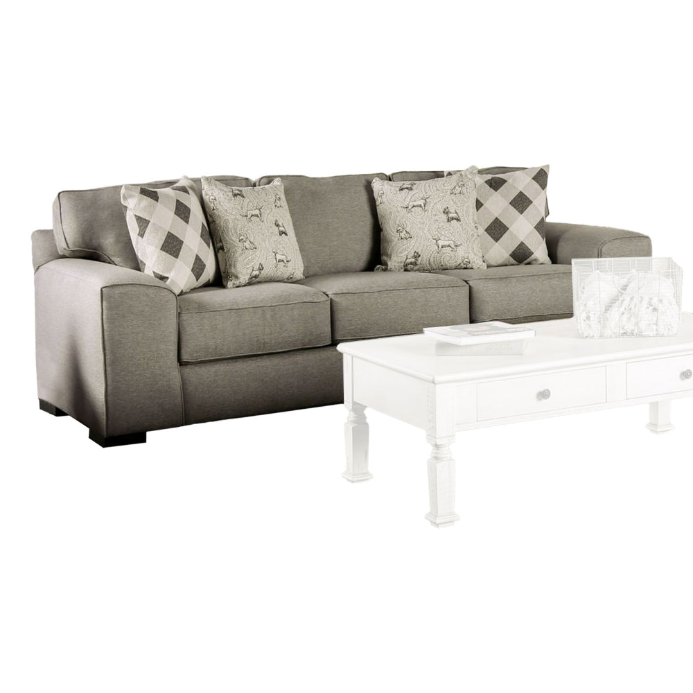 Edison Sofa, Gray Fabric, 4 Accent Throw Pillows, Track Arms, 101 Inch