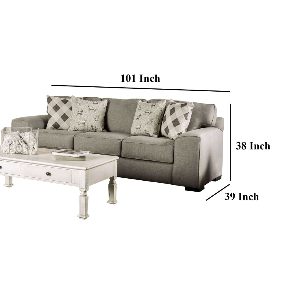 Edison Sofa Gray Fabric 4 Accent Throw Pillows Track Arms 101 Inch BM328037