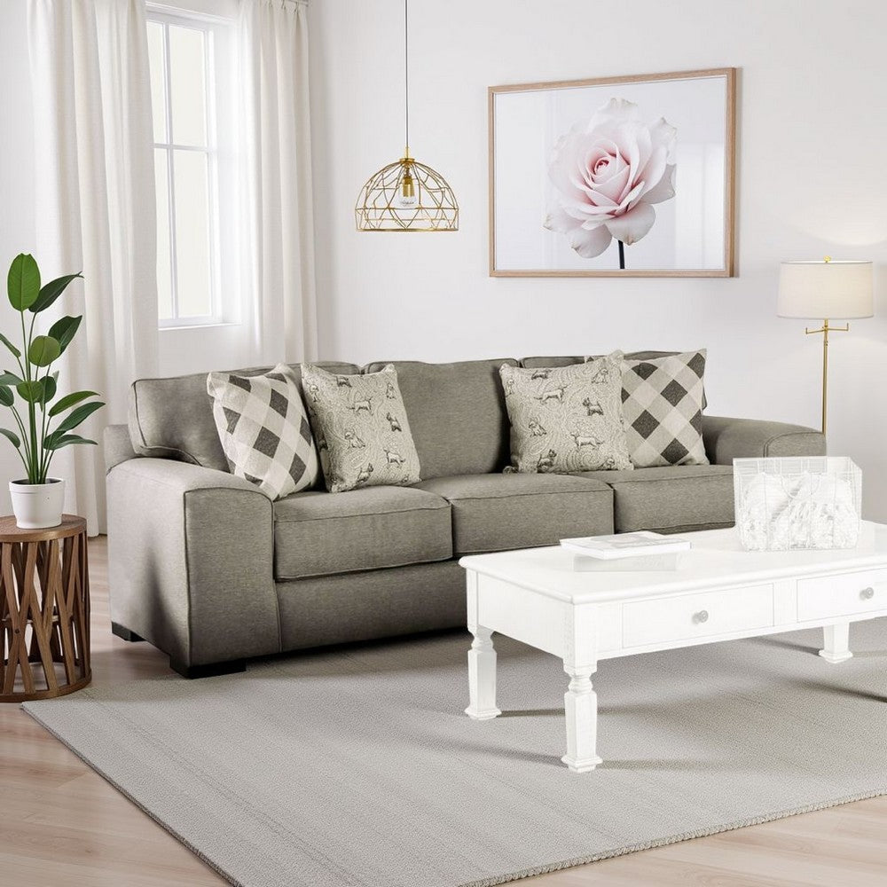 Edison Sofa, Gray Fabric, 4 Accent Throw Pillows, Track Arms, 101 Inch