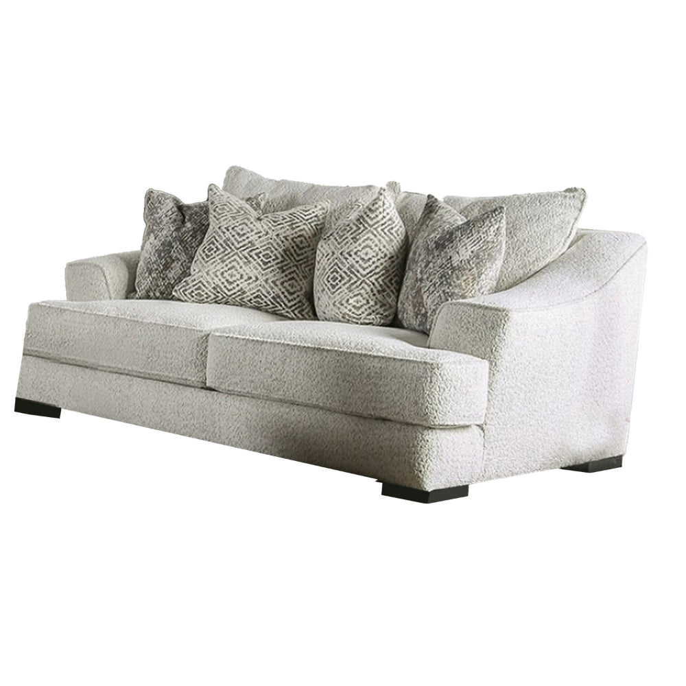 Syma Loveseat Ivory Boucle 4 Throw Pillows Track Arms 84 Inch BM328038