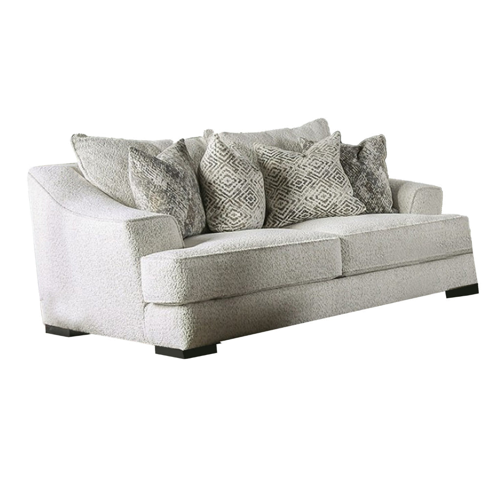 Syma Loveseat, Ivory Boucle, 4 Throw Pillows, Track Arms, 84 Inch