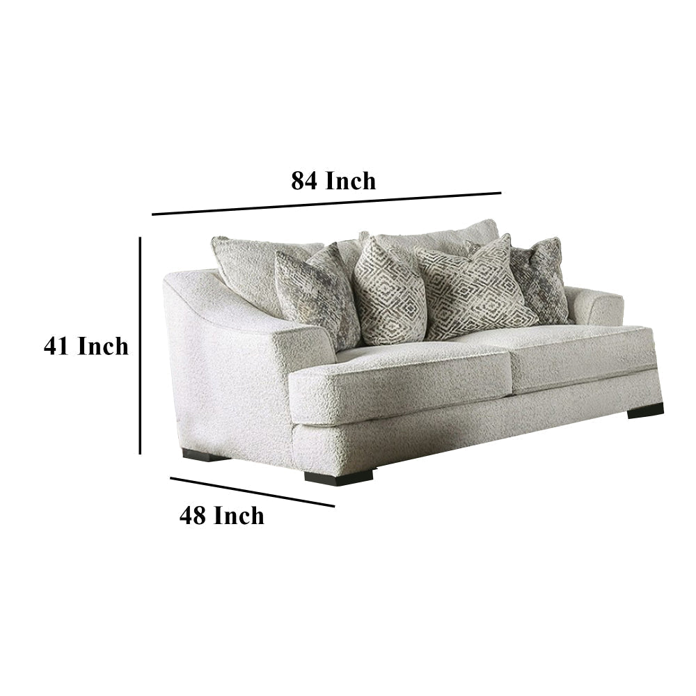 Syma Loveseat Ivory Boucle 4 Throw Pillows Track Arms 84 Inch BM328038