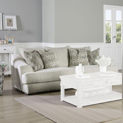 Syma Sofa, Ivory Boucle, 4 Throw Pillows, Sloped Track Arms, 102 Inch