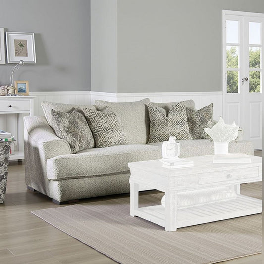 Syma Sofa, Ivory Boucle, 4 Throw Pillows, Sloped Track Arms, 102 Inch