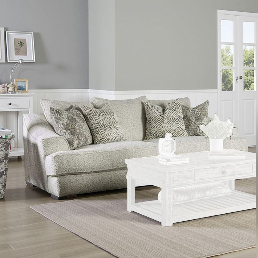 Syma Sofa, Ivory Boucle, 4 Throw Pillows, Sloped Track Arms, 102 Inch