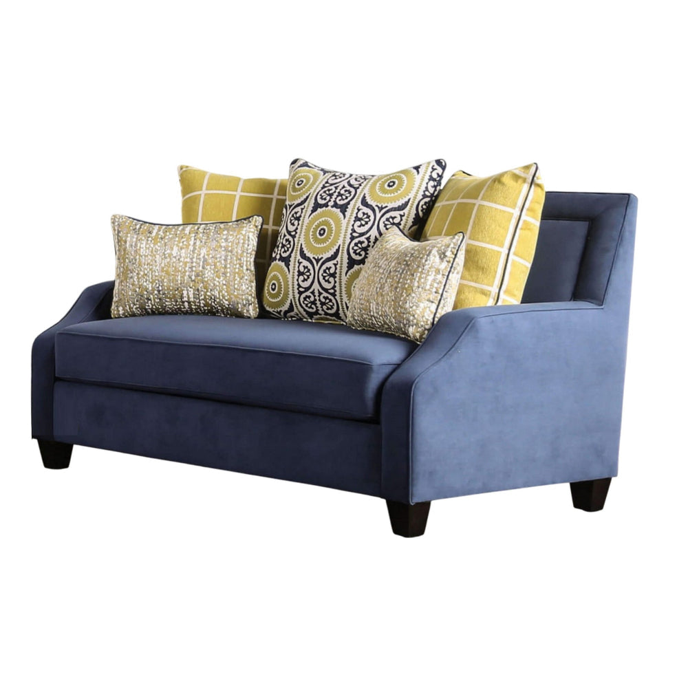 Omis Loveseat Navy Blue Velvet 5 Accent Pillows Solid Wood 65 Inch BM328053