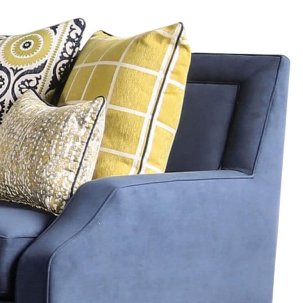 Omis Loveseat Navy Blue Velvet 5 Accent Pillows Solid Wood 65 Inch BM328053