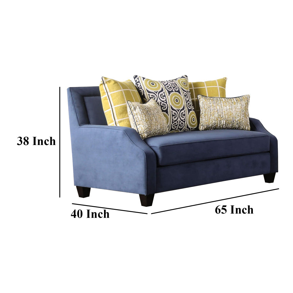 Omis Loveseat Navy Blue Velvet 5 Accent Pillows Solid Wood 65 Inch BM328053