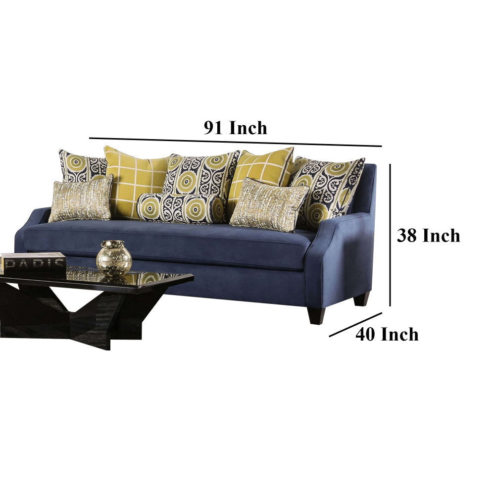 Omis Sofa Navy Blue Velvet 8 Accent Pillows Solid Wood 91 Inch BM328054