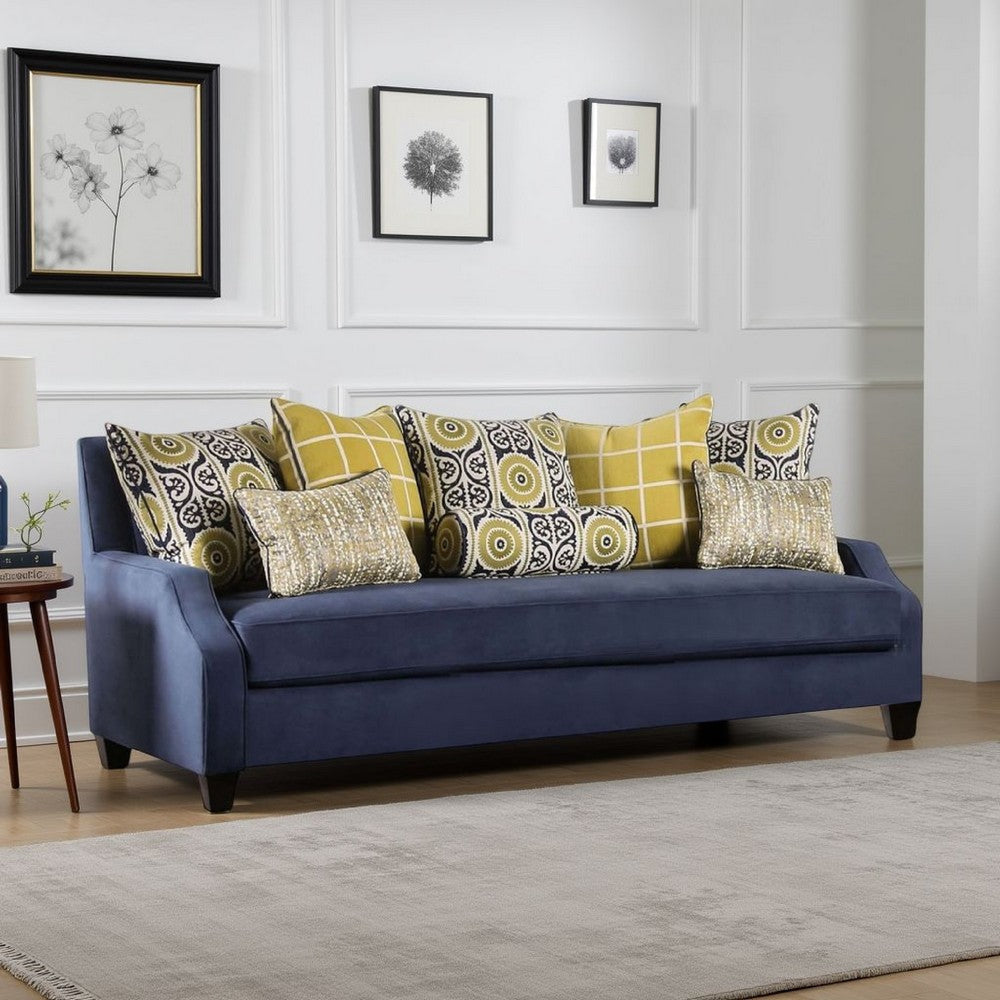 Omis Sofa, Navy Blue Velvet, 8 Accent Pillows, Solid Wood, 91 Inch