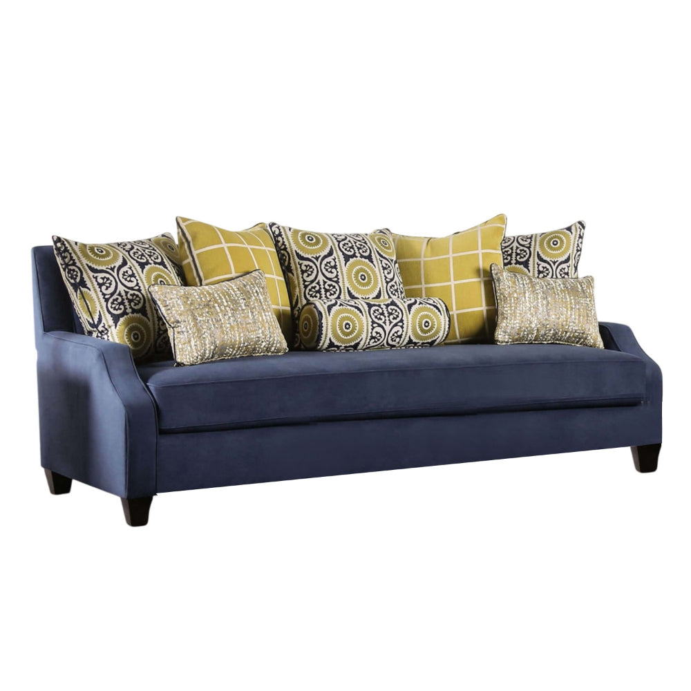 Omis Sofa, Navy Blue Velvet, 8 Accent Pillows, Solid Wood, 91 Inch