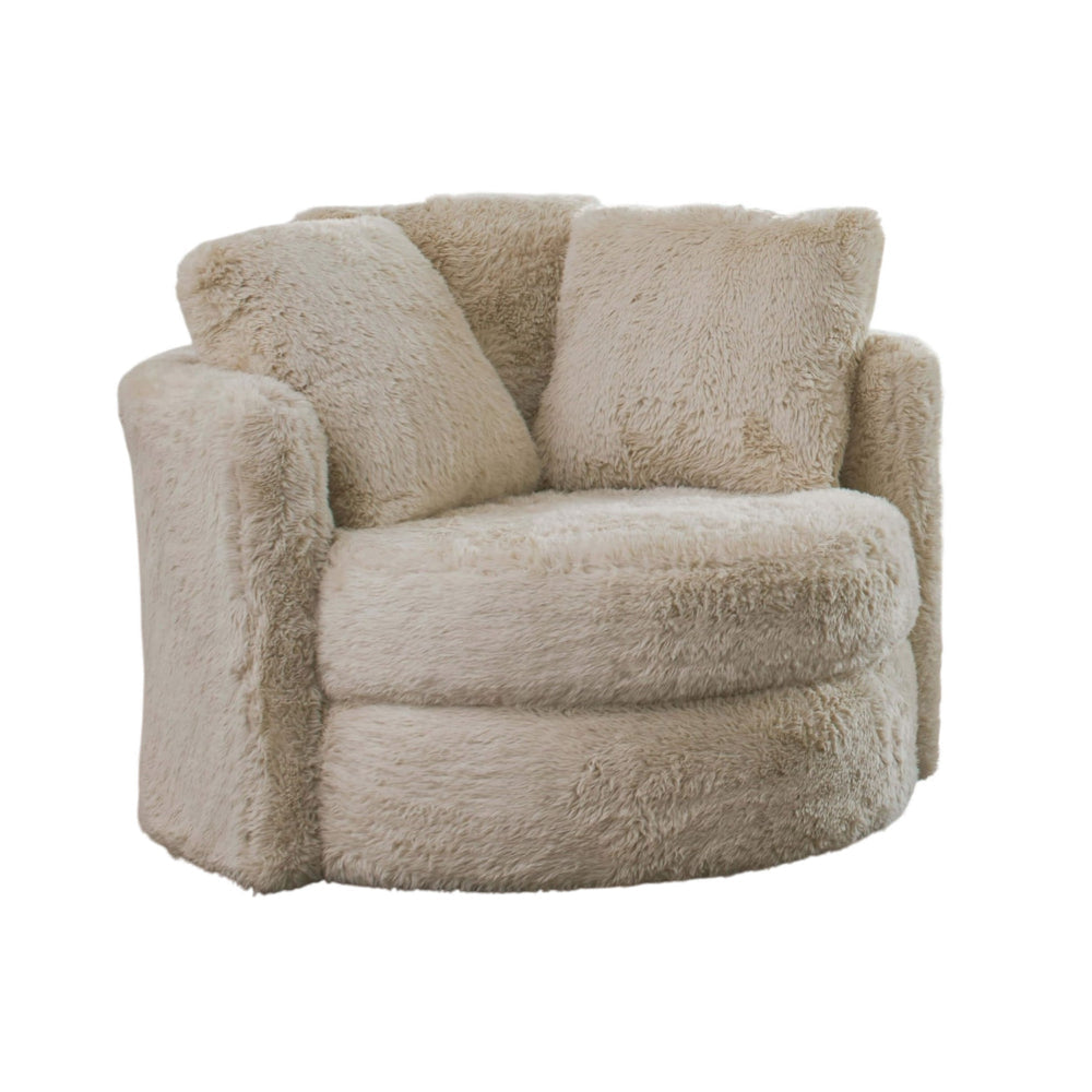 Rane Swivel Accent Chair, Beige Chenille, 2 Throw Pillows, Barrel Back