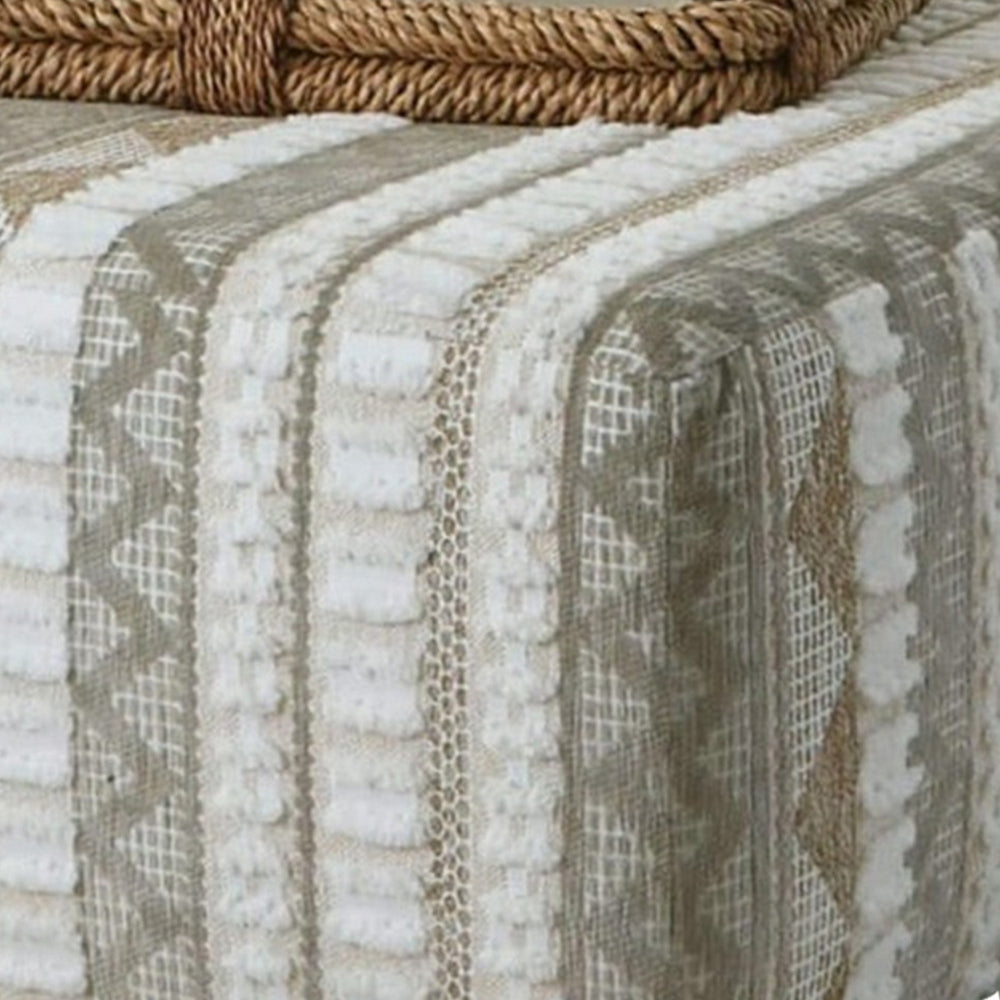 Phan Ottoman Plush Ivory Chenille Elegant Lined Pattern 41 Inch BM328060