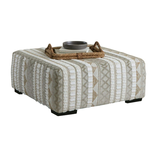 Phan Ottoman, Plush Ivory Chenille, Elegant Lined Pattern, 41 Inch