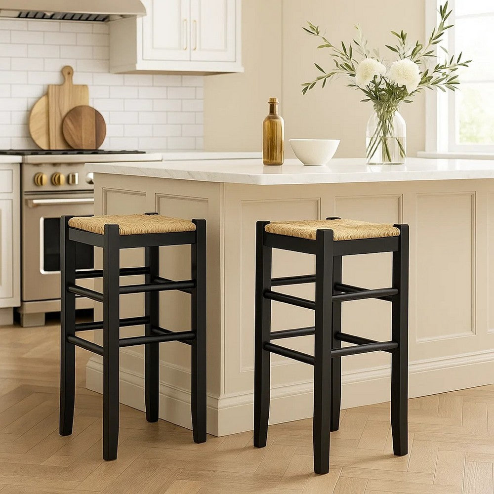 Ashley Anya Bar Height Stool | Woven Seagrass Seat | 30" | Black Wood Frame