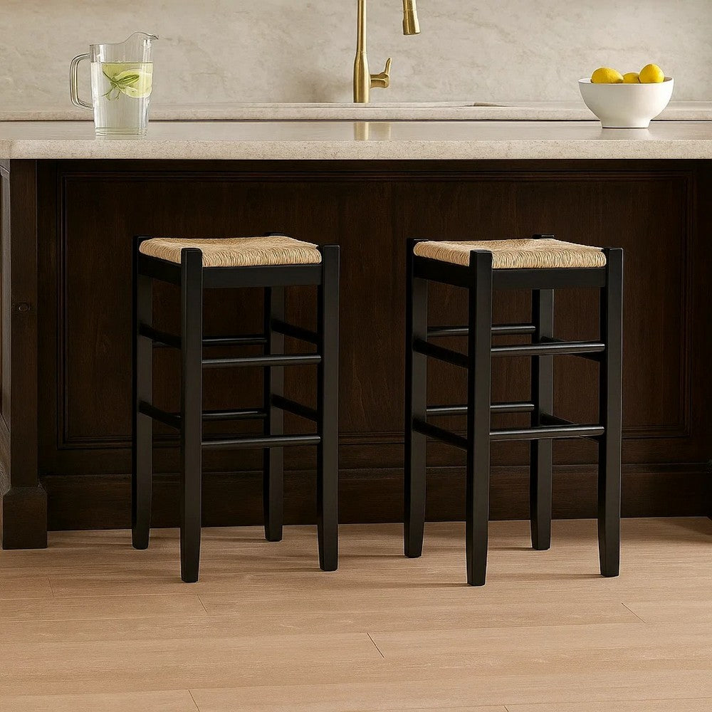 Ashley Anya Bar Height Stool | Woven Seagrass Seat | 30" | Black Wood Frame