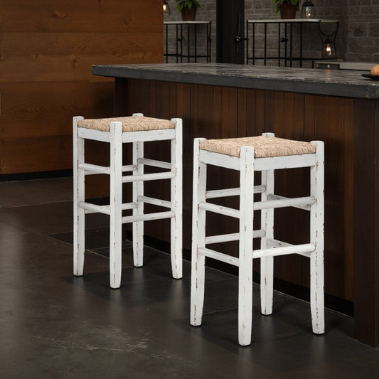 Ashley Anya Bar Height Stool Set of 2 | Brown Woven Seat | 30" Rustic White