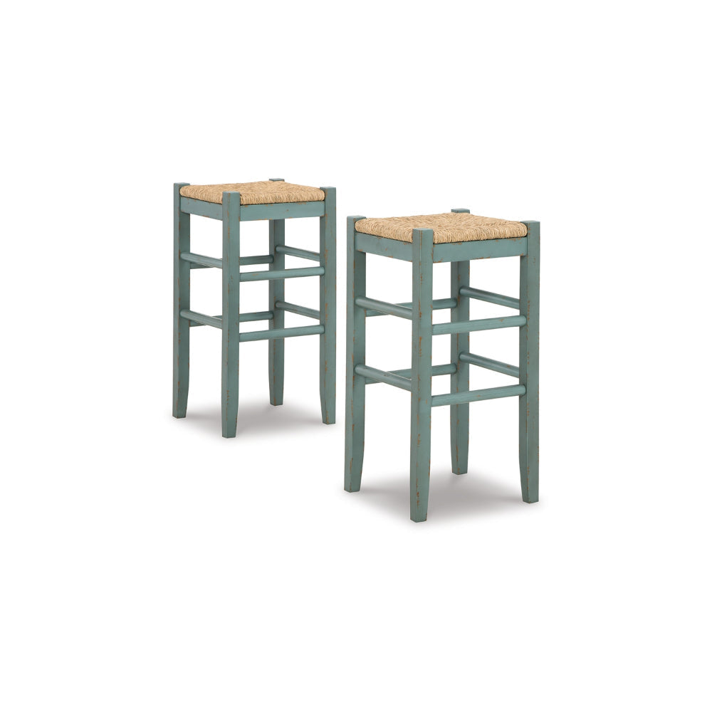 Ashley Anya Bar Height Stool Set of 2 | Brown Woven Seat | 30" Rustic Blue