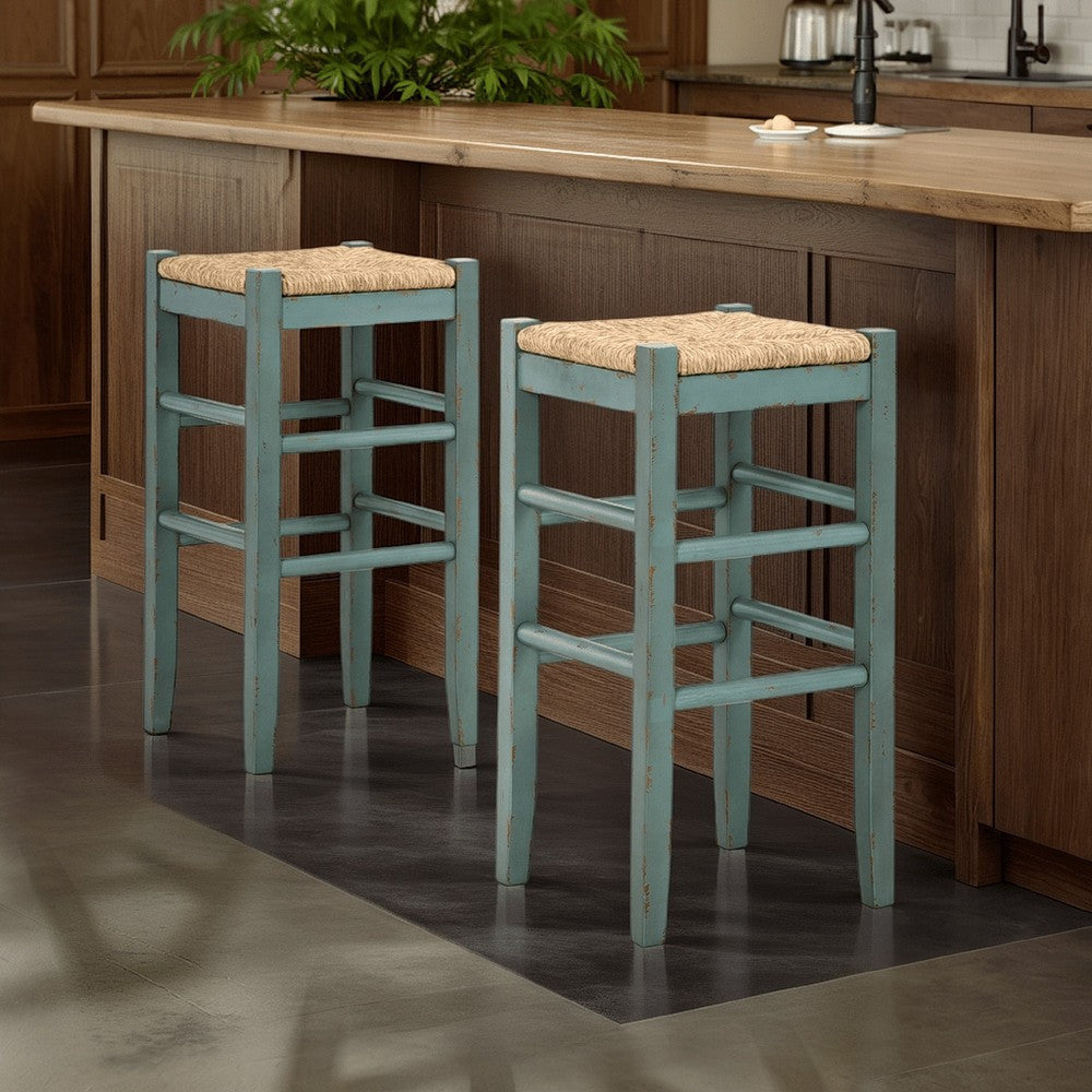 Ashley Anya Bar Height Stool Set of 2 | Brown Woven Seat | 30" Rustic Blue