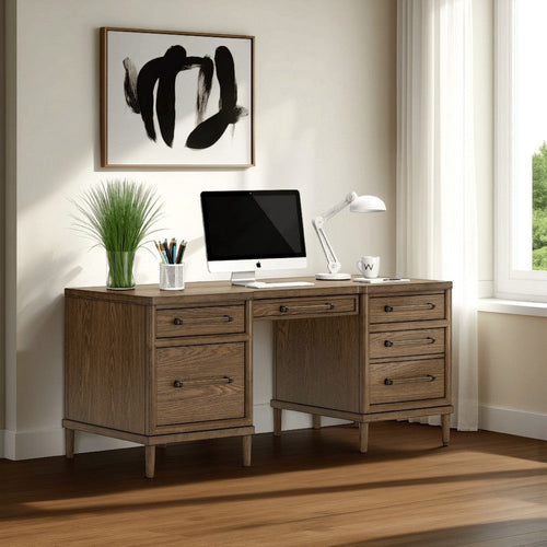 Ashley Rohan Home Office Desk with USB | 6 Drawers | 68" Brown Oak Wood
