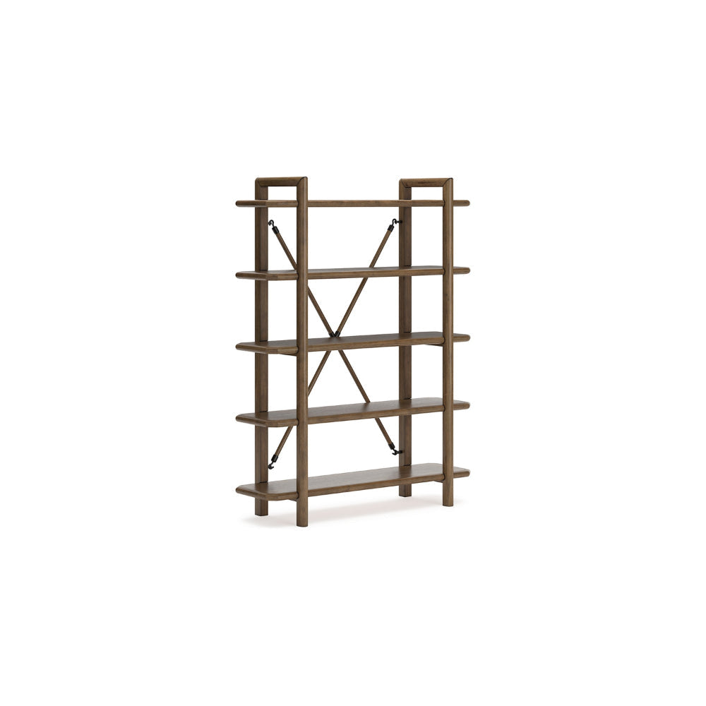 Ashley Rohan Bookcase w 5 Display Shelves | Brown Wood X Cross Back | 71"
