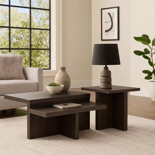 Ashley Zeny 2pc Coffee and Side Table Set | Geometric Cross Base Dark Brown