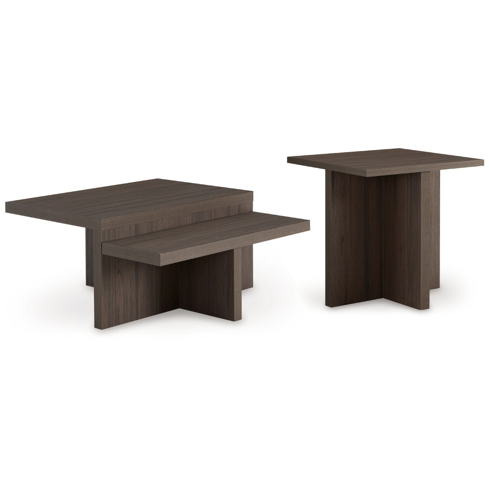 Ashley Zeny 2pc Coffee and Side Table Set | Geometric Cross Base Dark Brown