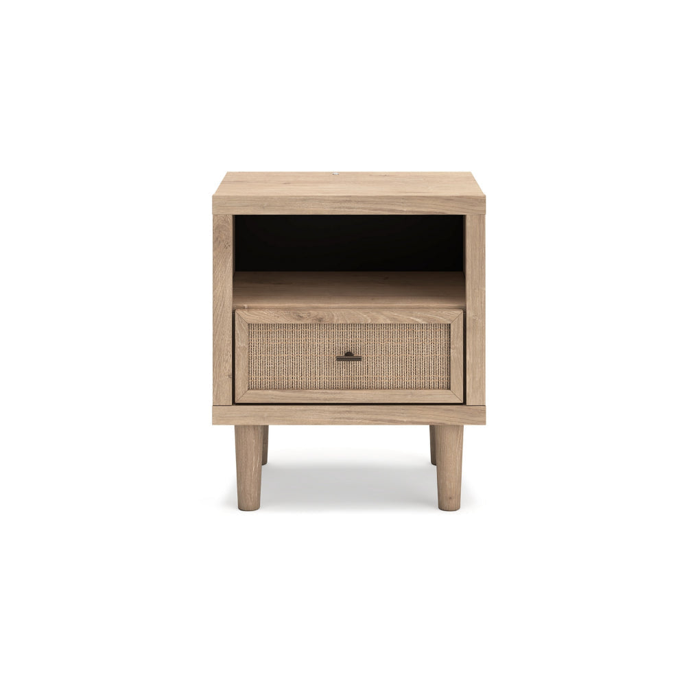 Ashley Ciel Nightstand w USB | LED | Faux Linen Laminate Cane | Oak Brown BM328159