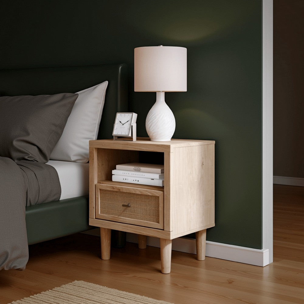 Ashley Ciel Nightstand w USB | LED | Faux Linen Laminate Cane | Oak Brown