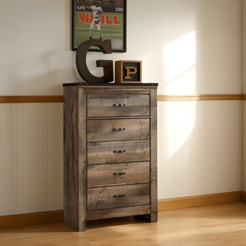 Ashley Zoey Tall Dresser Chest | 5 Storage Drawers | Rustic Brown Plank Style