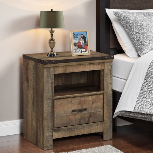 Ashley Zoey Nightstand w Drawer and Shelf | USB | Rustic Brown Plank Details