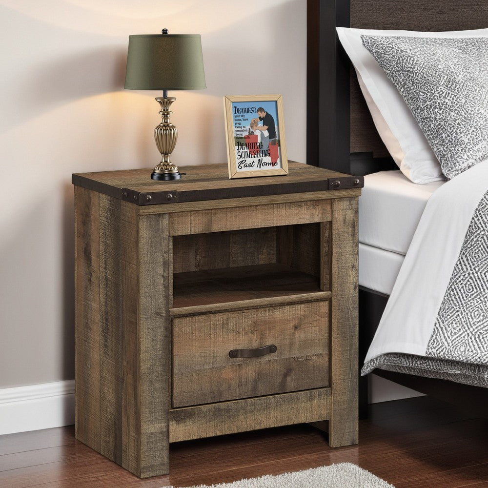 Ashley Zoey Nightstand w Drawer and Shelf | USB | Rustic Brown Plank Details