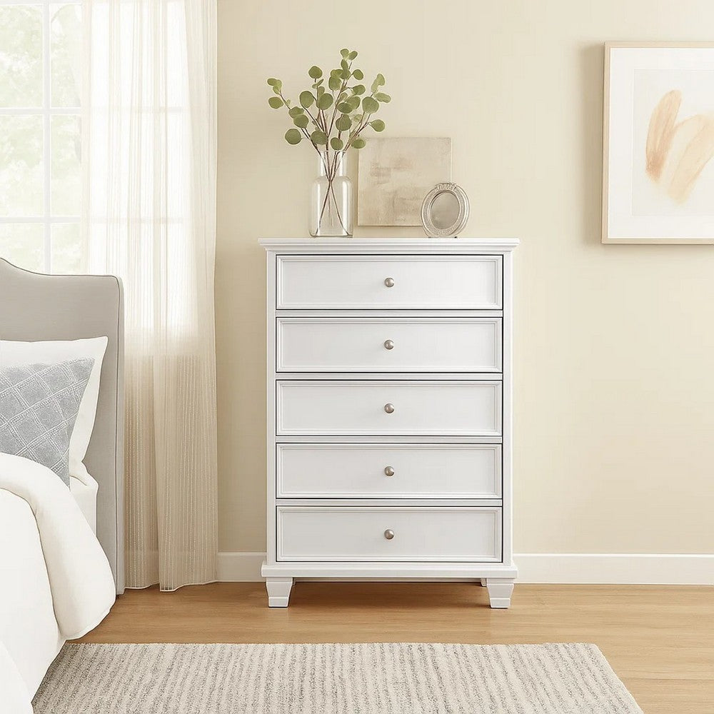 Ashley Heno Tall Dresser Chest | 5 Wide Drawers | Nickel Round Knobs | White