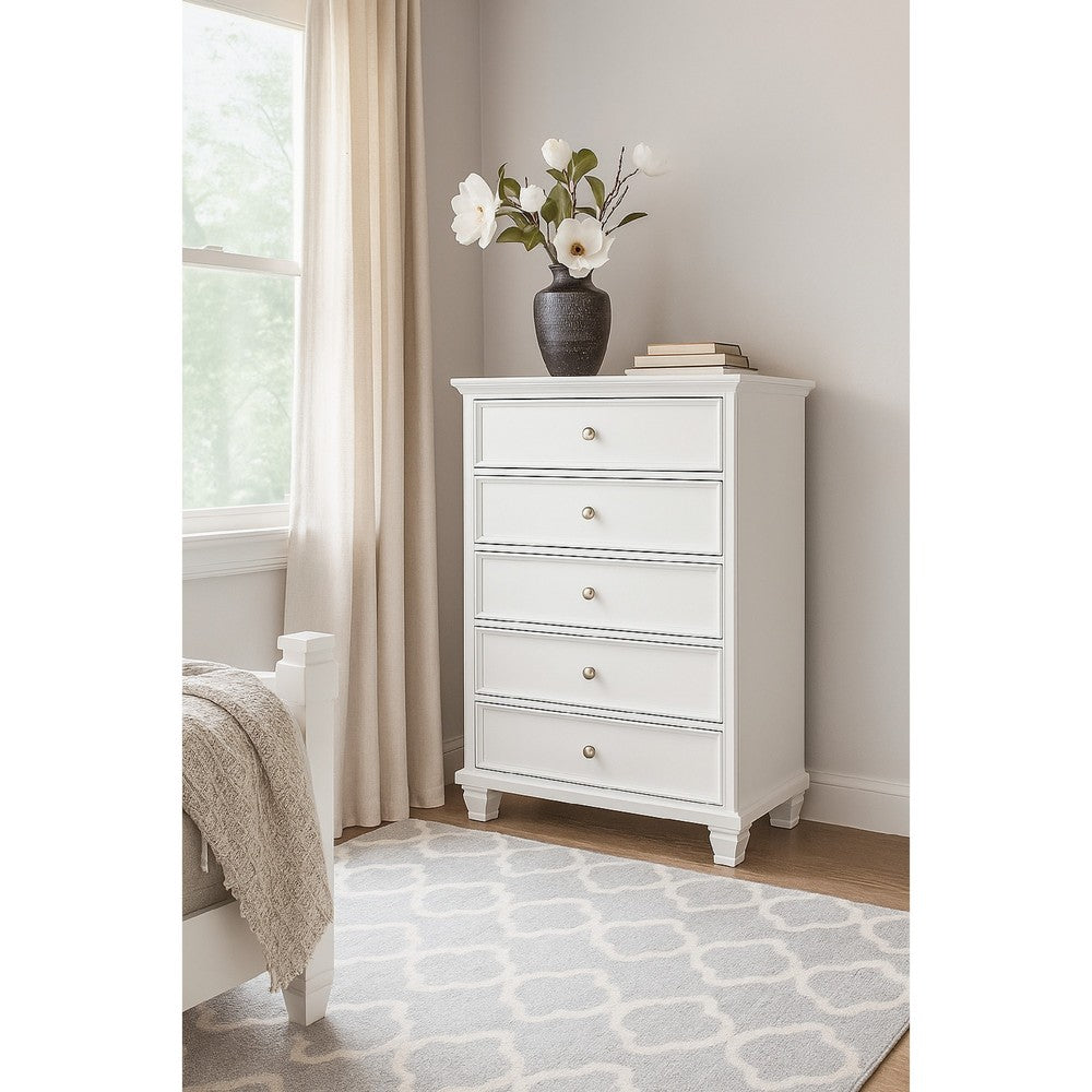Ashley Heno Tall Dresser Chest | 5 Wide Drawers | Nickel Round Knobs | White
