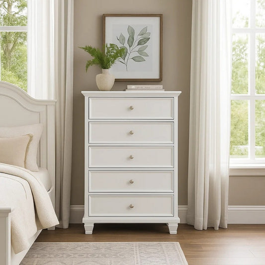 Ashley Heno Tall Dresser Chest | 5 Wide Drawers | Nickel Round Knobs | White