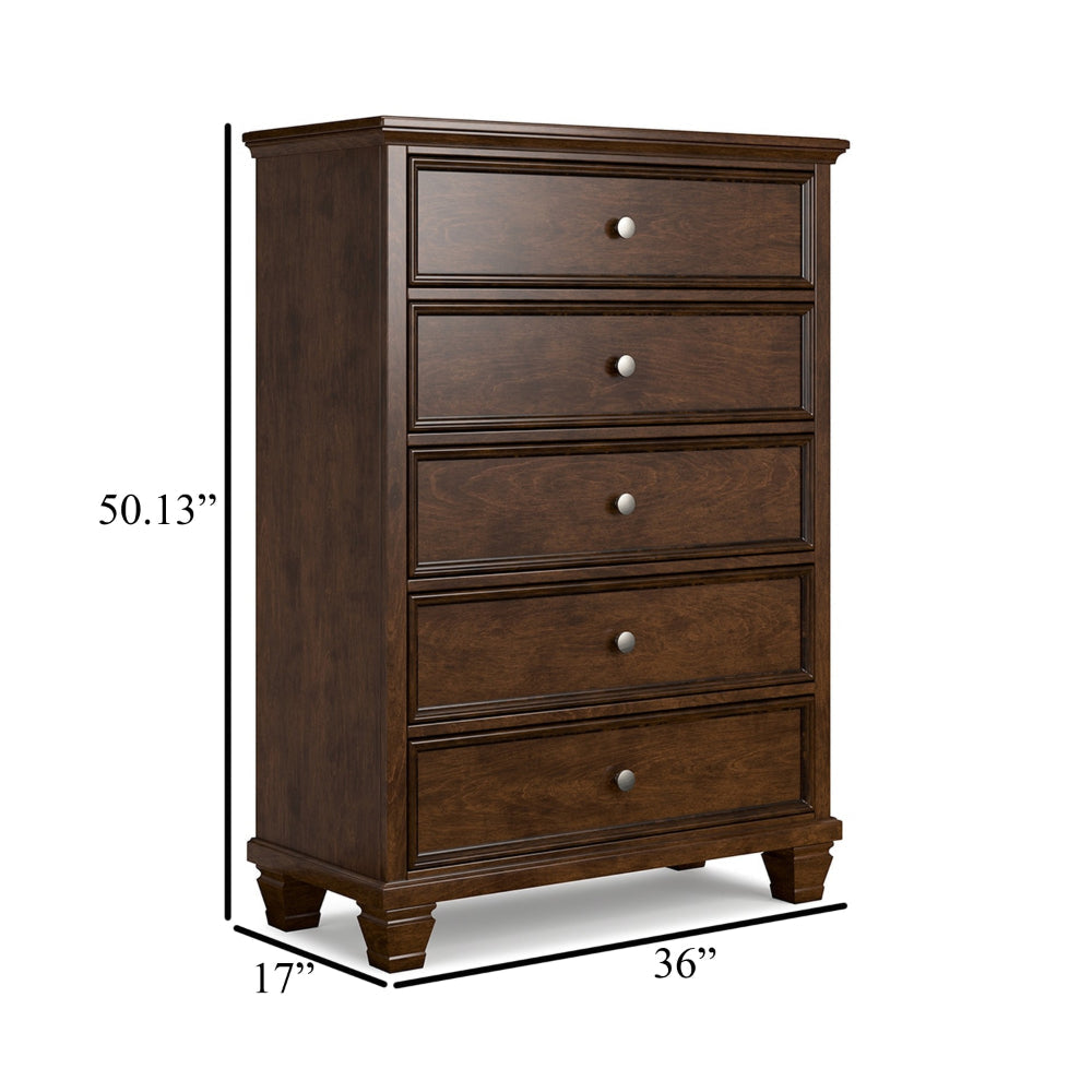 Ashley Reno Tall Dresser Chest | 5 Drawer Nickel Knobs | Brown Solid Wood BM328174