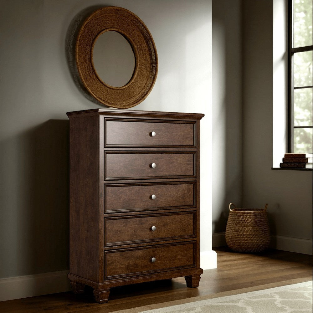 Ashley Reno Tall Dresser Chest | 5 Drawer Nickel Knobs | Brown Solid Wood