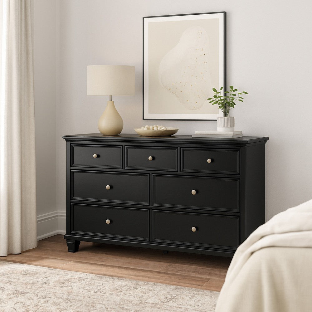 Ashley Lemo Wide Dresser | 7 Drawers | Nickel Round Knobs | Black Solid Wood