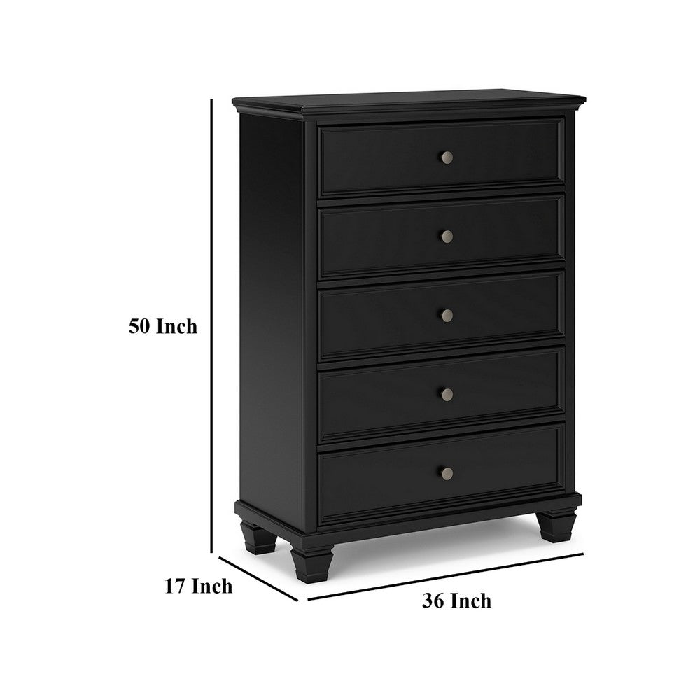Ashley Lemo Tall Dresser Chest | 5 Drawer | Nickel Knobs | Black Solid Wood