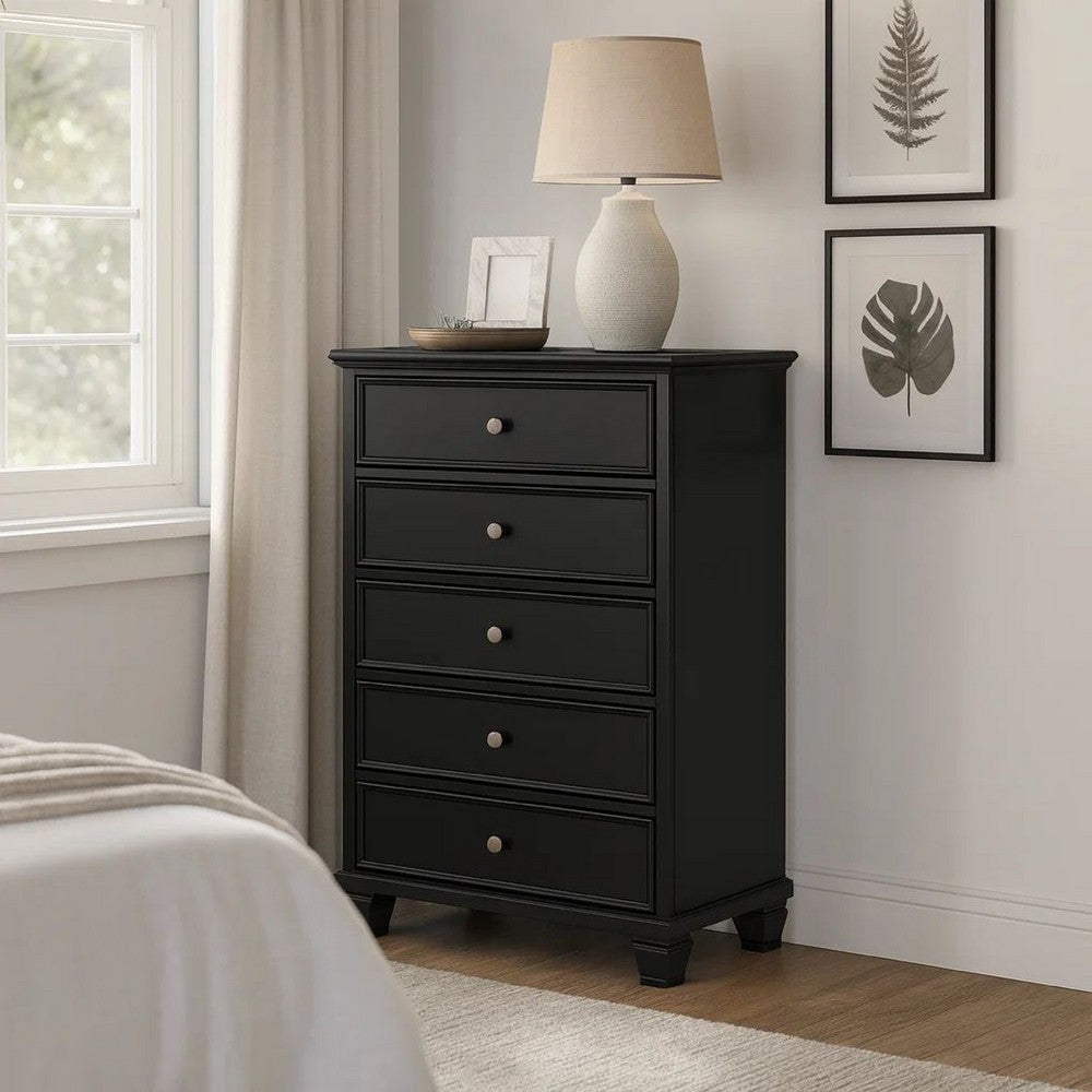 Ashley Lemo Tall Dresser Chest | 5 Drawer | Nickel Knobs | Black Solid Wood