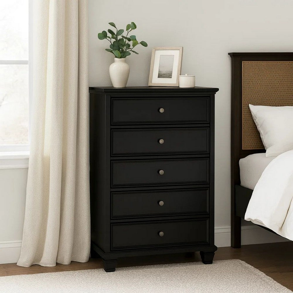 Ashley Lemo Tall Dresser Chest | 5 Drawer | Nickel Knobs | Black Solid Wood