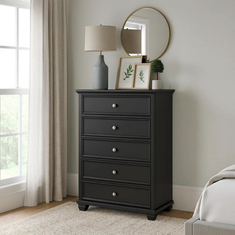 Ashley Lemo Tall Dresser Chest | 5 Drawer | Nickel Knobs | Black Solid Wood